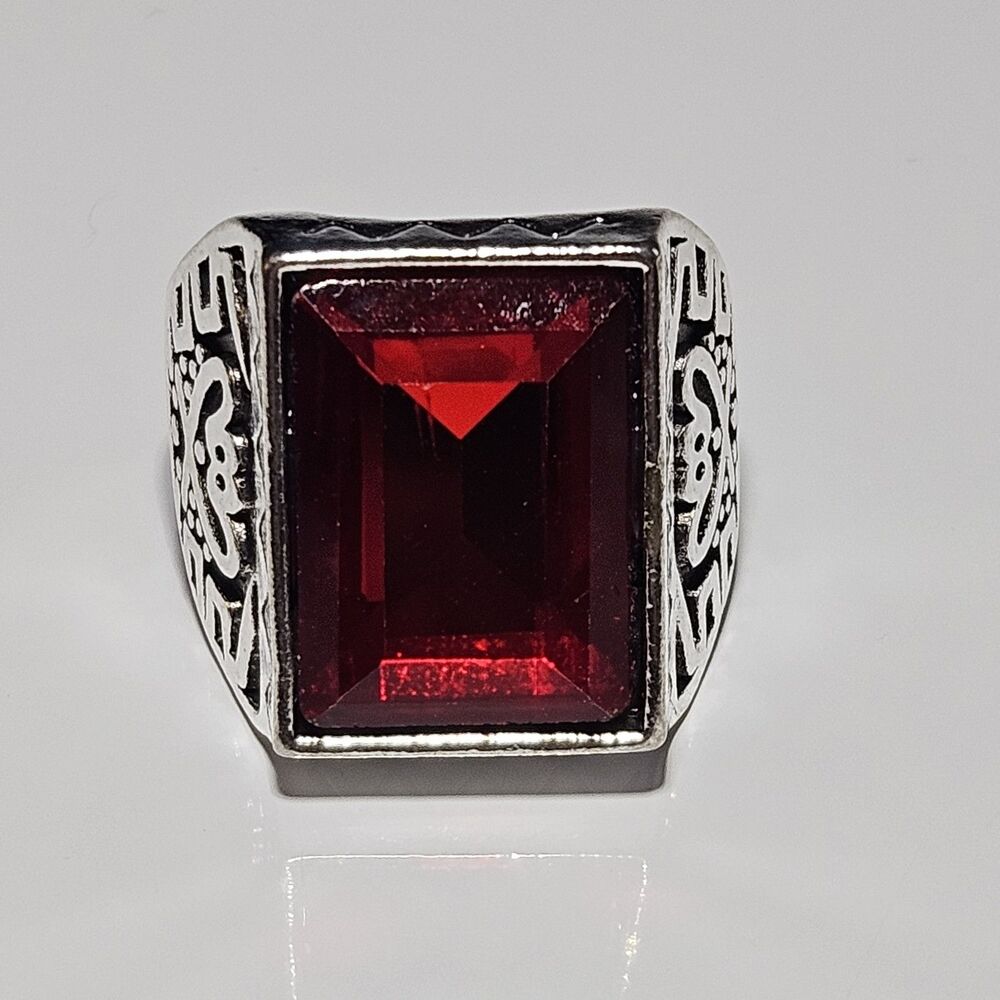 Silver Tone Red Rectangular Faceted Rhinestone Ring Size 11.5